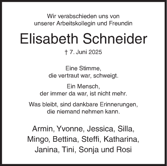 Traueranzeige von Elisabeth Schneider von Siegener Zeitung