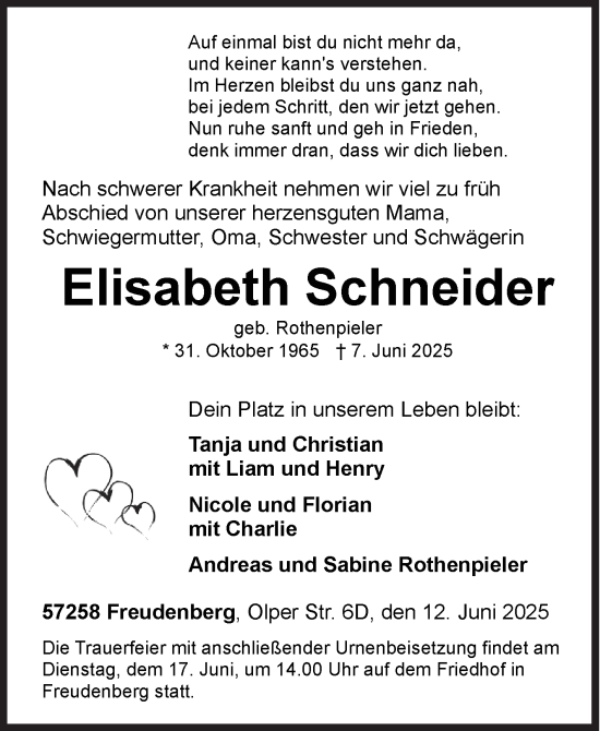 Traueranzeige von Elisabeth Schneider von Siegener Zeitung