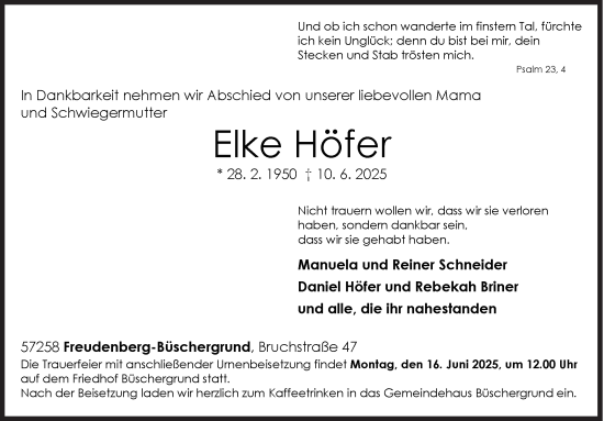 Traueranzeige von Elke Höfer von Siegener Zeitung