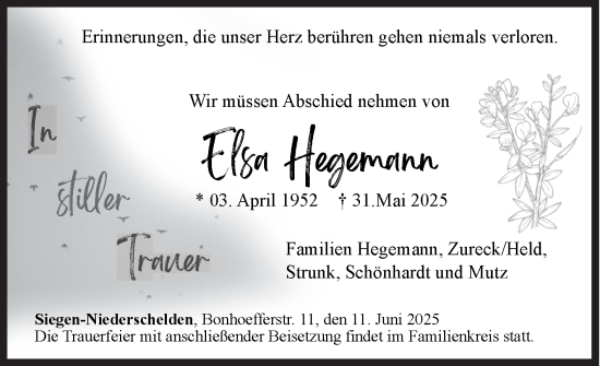 Traueranzeige von Elsa Hegemann von Siegener Zeitung