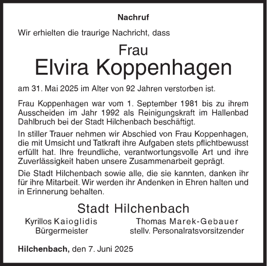 Traueranzeige von Elvira Koppenhagen von Siegener Zeitung