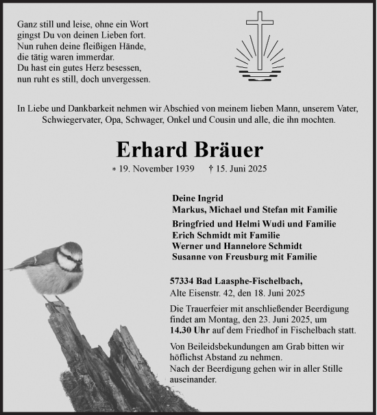 Traueranzeige von Erhard Bräuer von Siegener Zeitung