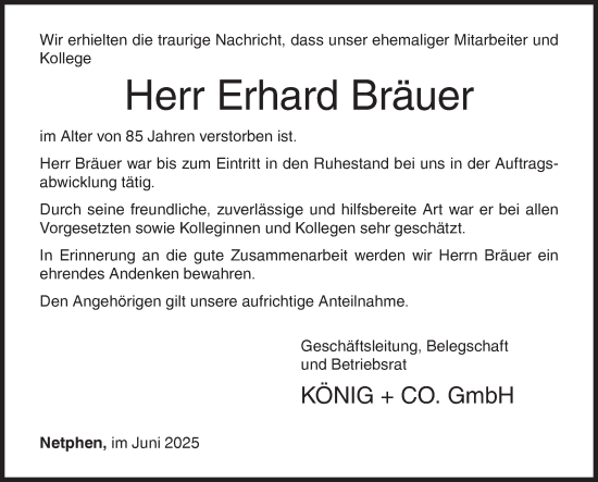Traueranzeige von Erhard Bräuer von Siegener Zeitung