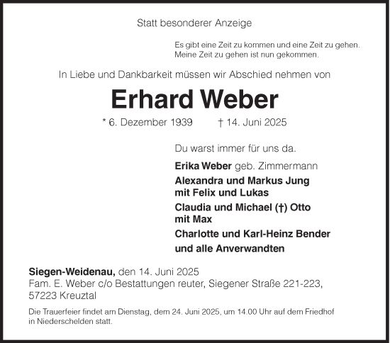 Traueranzeige von Erhard Weber von Siegener Zeitung
