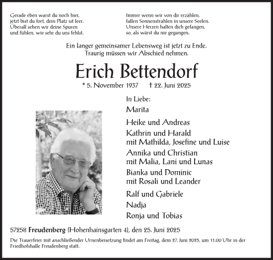 Traueranzeige von Erich Bettendorf von Siegener Zeitung