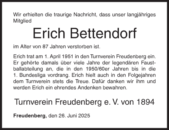 Traueranzeige von Erich Bettendorf von Siegener Zeitung