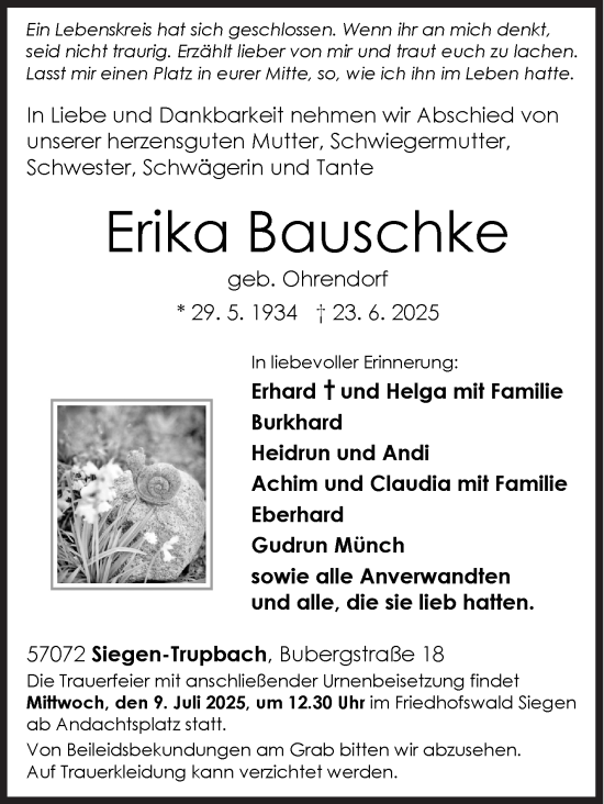 Traueranzeige von Erika Bauschke von Siegener Zeitung
