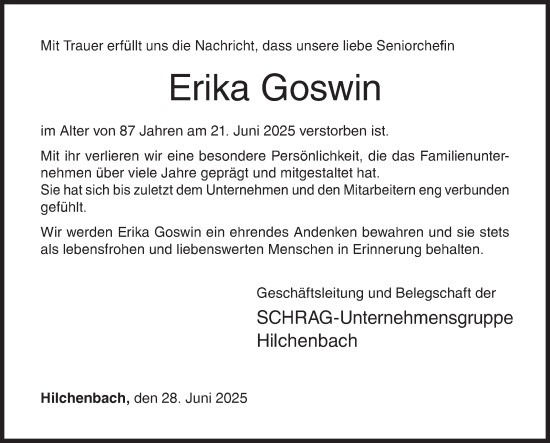 Traueranzeige von Erika Goswin von Siegener Zeitung