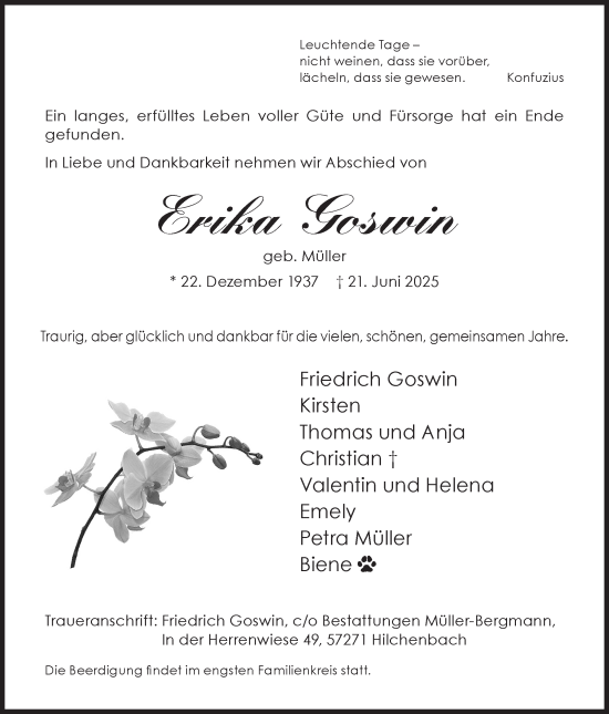 Traueranzeige von Erika Goswin von Siegener Zeitung
