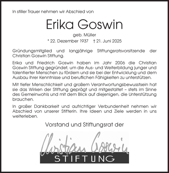 Traueranzeige von Erika Goswin von Siegener Zeitung