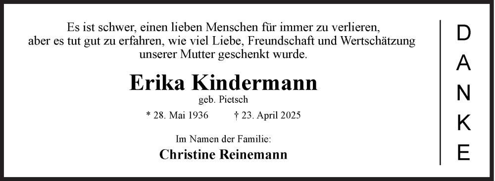  Traueranzeige für Erika Kindermann vom 28.06.2025 aus Siegener Zeitung
