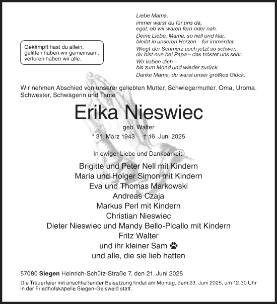 Traueranzeige von Erika Nieswiec von Siegener Zeitung