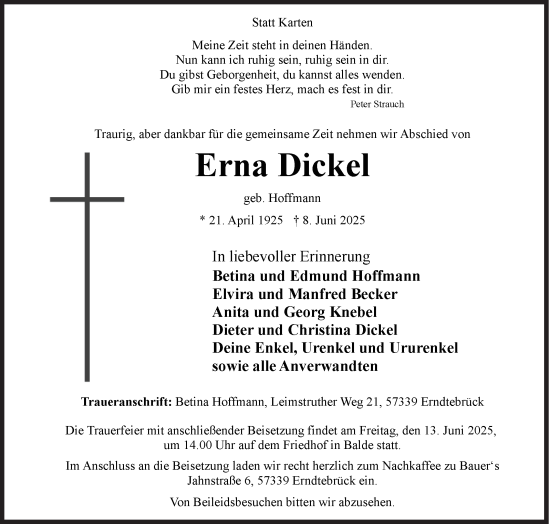 Traueranzeige von Erna Dickel von Siegener Zeitung