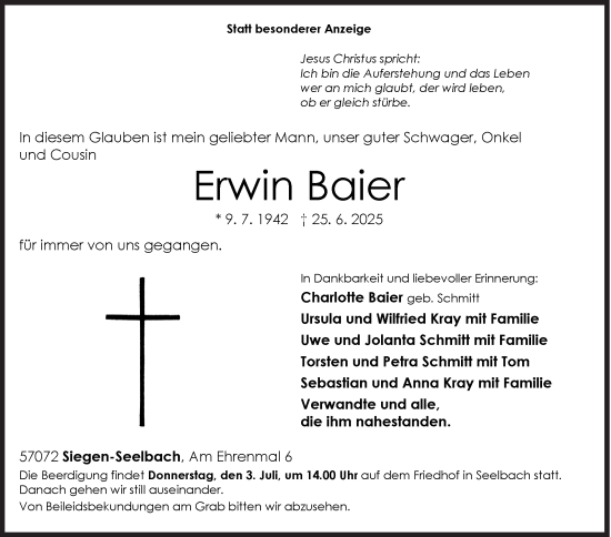 Traueranzeige von Erwin Baier von Siegener Zeitung