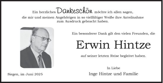 Traueranzeige von Erwin Hintze von Siegener Zeitung