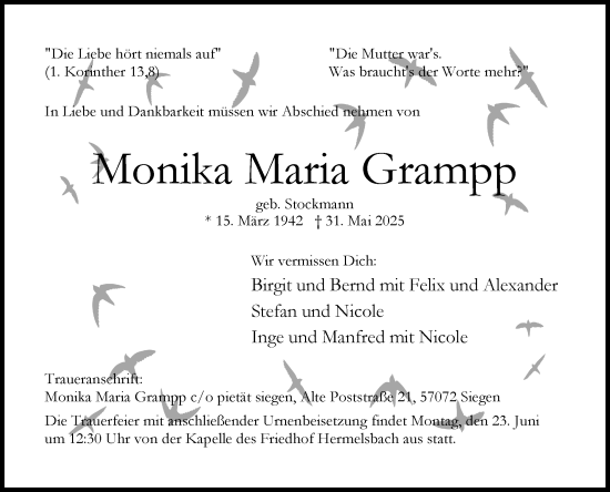 Traueranzeige von Monika Maria Grampp von Siegener Zeitung