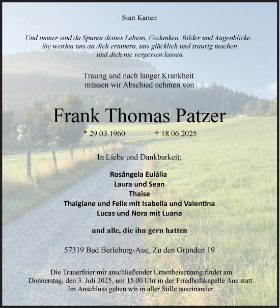 Traueranzeige von Frank Thomas Patzer von Siegener Zeitung