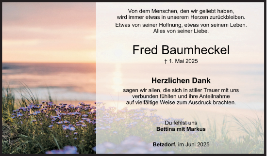 Traueranzeige von Fred Baumheckel von Siegener Zeitung