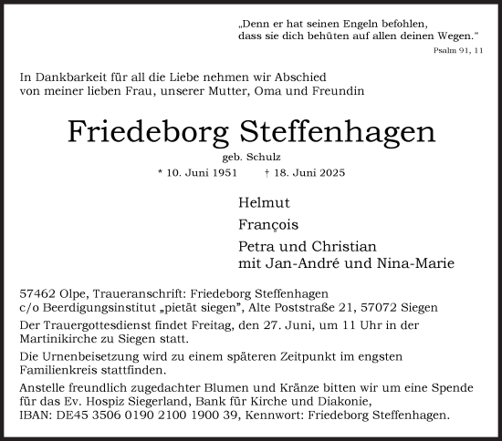 Traueranzeige von Friedeborg Steffenhagen von Siegener Zeitung