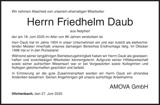 Traueranzeige von Friedhelm Daub von Siegener Zeitung