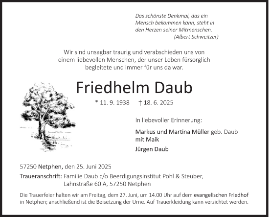 Traueranzeige von Friedhelm Daub von Siegener Zeitung