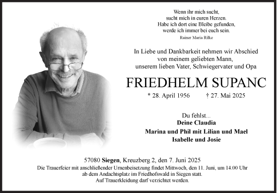 Traueranzeige von Friedhelm Supanc von Siegener Zeitung