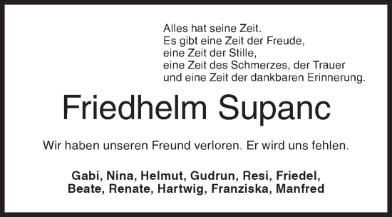 Traueranzeige von Friedhelm Supanc von Siegener Zeitung