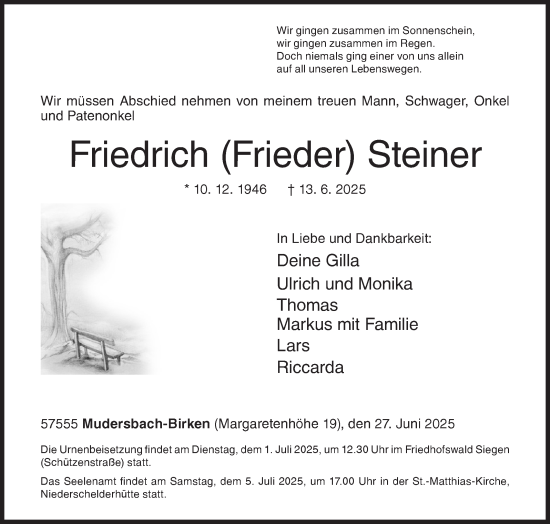 Traueranzeige von Friedrich Steiner von Siegener Zeitung