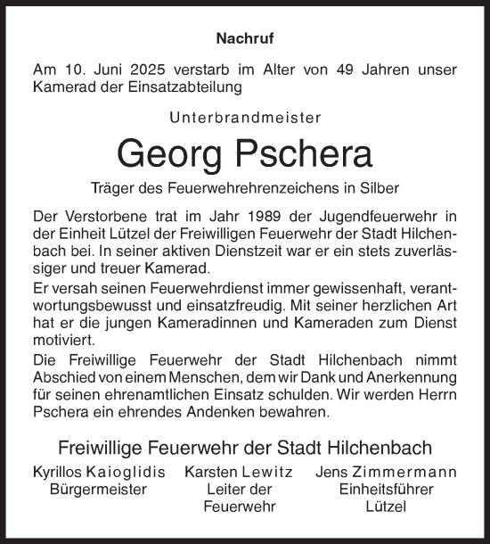 Traueranzeige von Georg Pschera von Siegener Zeitung