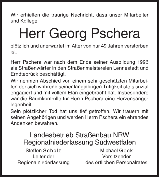 Traueranzeige von Georg Pschera von Siegener Zeitung
