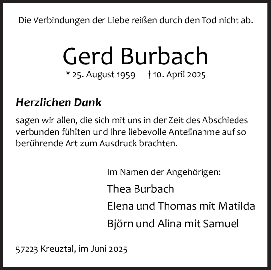 Traueranzeige von Gerd Burbach von Siegener Zeitung