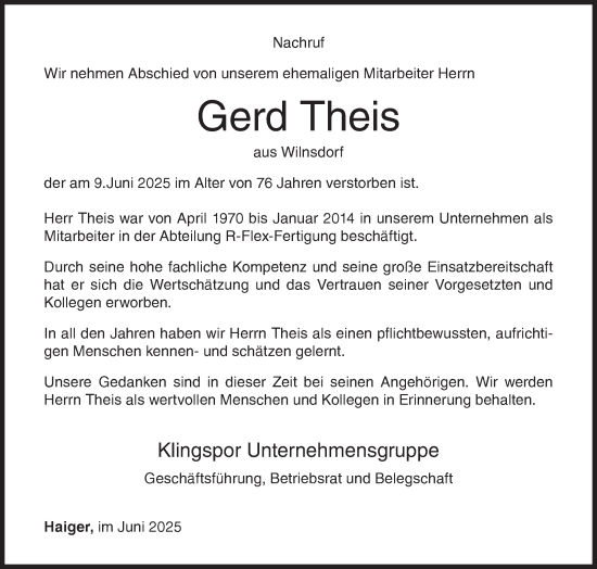 Traueranzeige von Gerd Theis von Siegener Zeitung