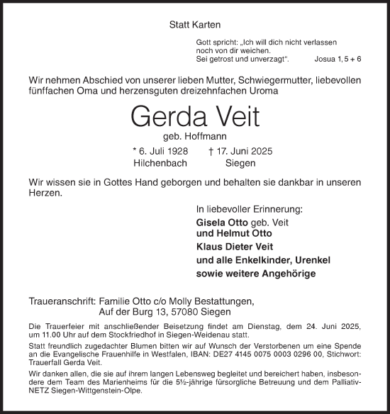Traueranzeige von Gerda Veit von Siegener Zeitung