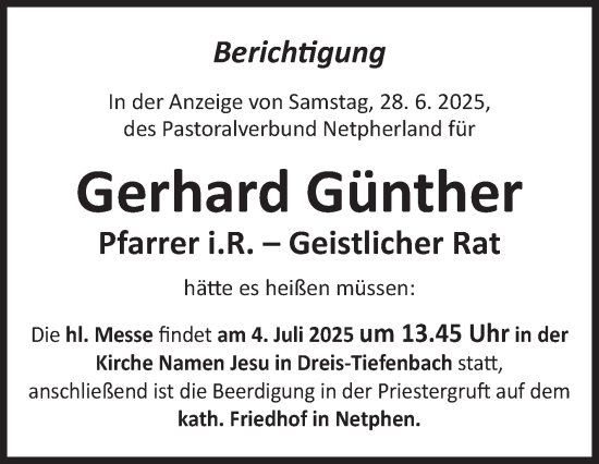 Traueranzeige von Gerhard Günther von Siegener Zeitung