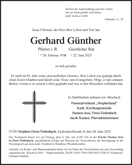 Traueranzeige von Gerhard Günther von Siegener Zeitung