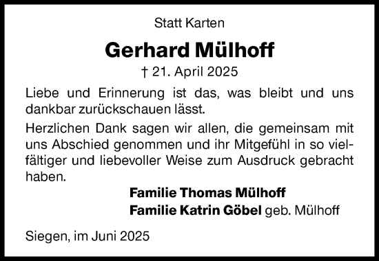Traueranzeige von Gerhard Mülhoff von Siegener Zeitung