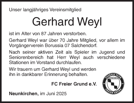 Traueranzeige von Gerhard Weyl von Siegener Zeitung
