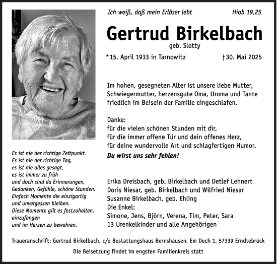 Traueranzeige von Gertrud Birkelbach von Siegener Zeitung