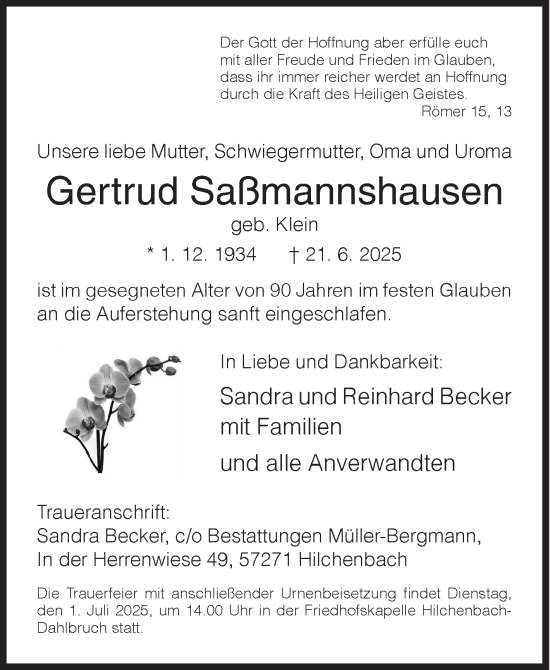 Traueranzeige von Gertrud Saßmannshausen von Siegener Zeitung