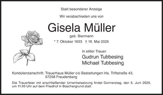 Traueranzeige von Gisela Müller von Siegener Zeitung