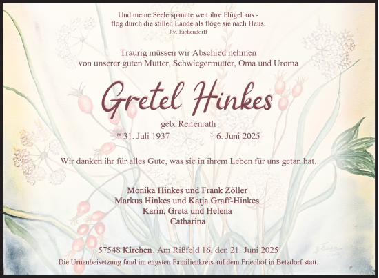 Traueranzeige von Gretel Hinkes von Siegener Zeitung