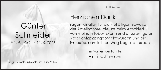 Traueranzeige von Günter Schneider von Siegener Zeitung