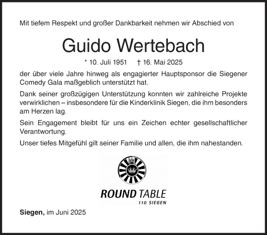 Traueranzeige von Guido Wertebach von Siegener Zeitung