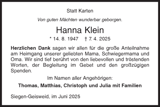 Traueranzeige von Hanna Klein von Siegener Zeitung