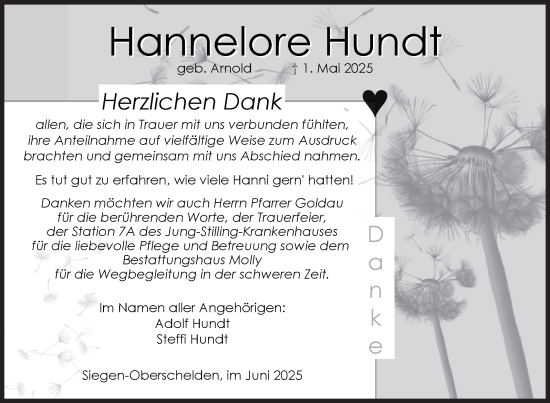 Traueranzeige von Hannelore Hundt von Siegener Zeitung
