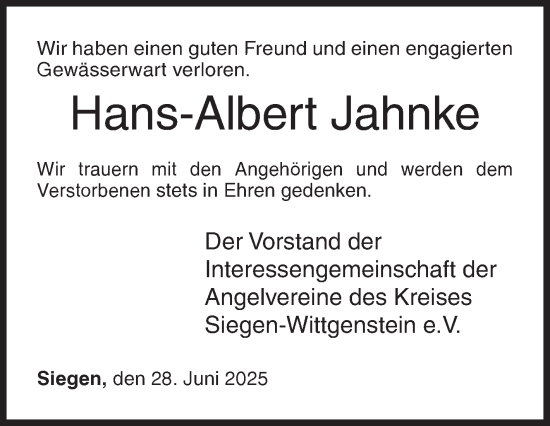 Traueranzeige von Hans-Albert Jahnke von Siegener Zeitung