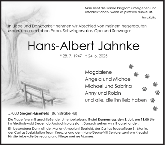 Traueranzeige von Hans-Albert Jahnke von Siegener Zeitung