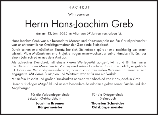 Traueranzeige von Hans-Joachim Greb von Siegener Zeitung