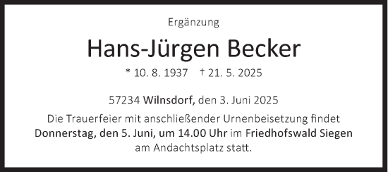 Traueranzeige von Hans-Jürgen Becker von Siegener Zeitung