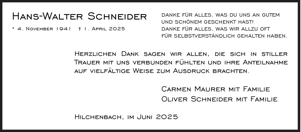  Traueranzeige für Hans-Walter Schneider vom 14.06.2025 aus Siegener Zeitung